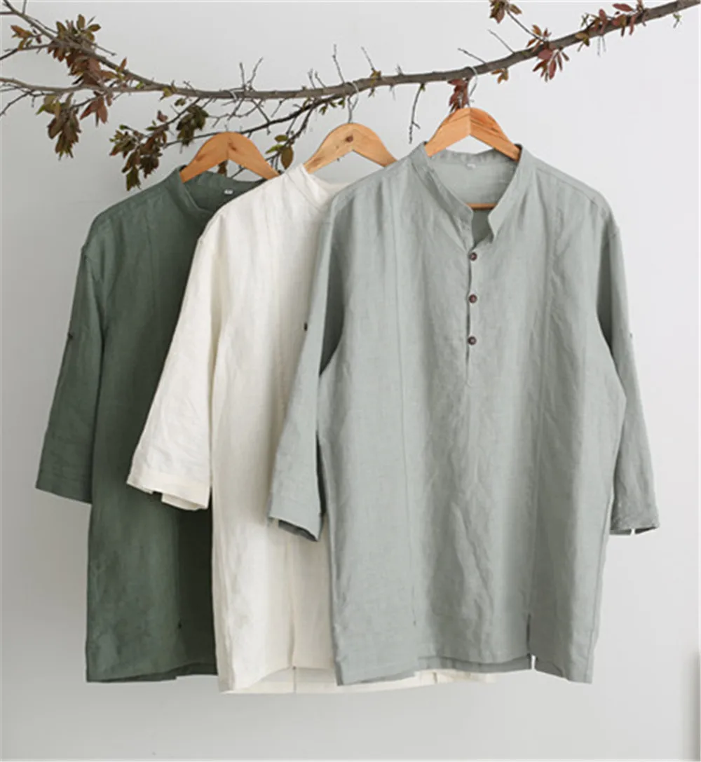 Мужские хлопковые льняные Топы с коротким рукавом в китайском стиле Тан