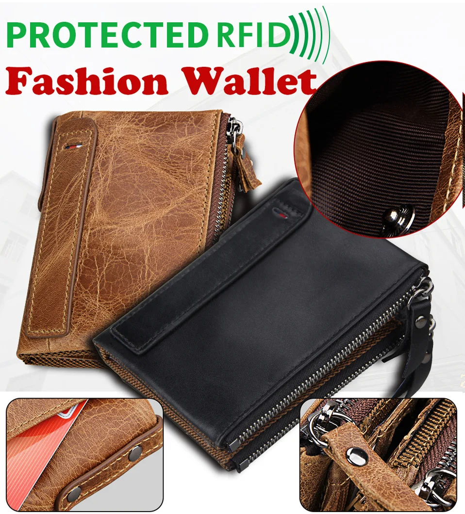 Мужские кошельки из натуральной коровьей кожи, RFID, двойная молния, короткие кошельки, держатель для карт, карман для монет, Ретро стиль, высокое качество, Брендовые мужские кошельки