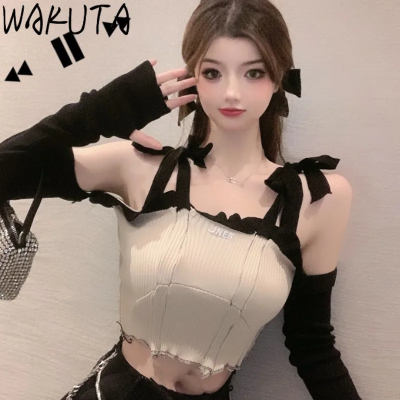 Женский укороченный топ с бантом WAKUTA рубашка длинным рукавом и открытыми плечами