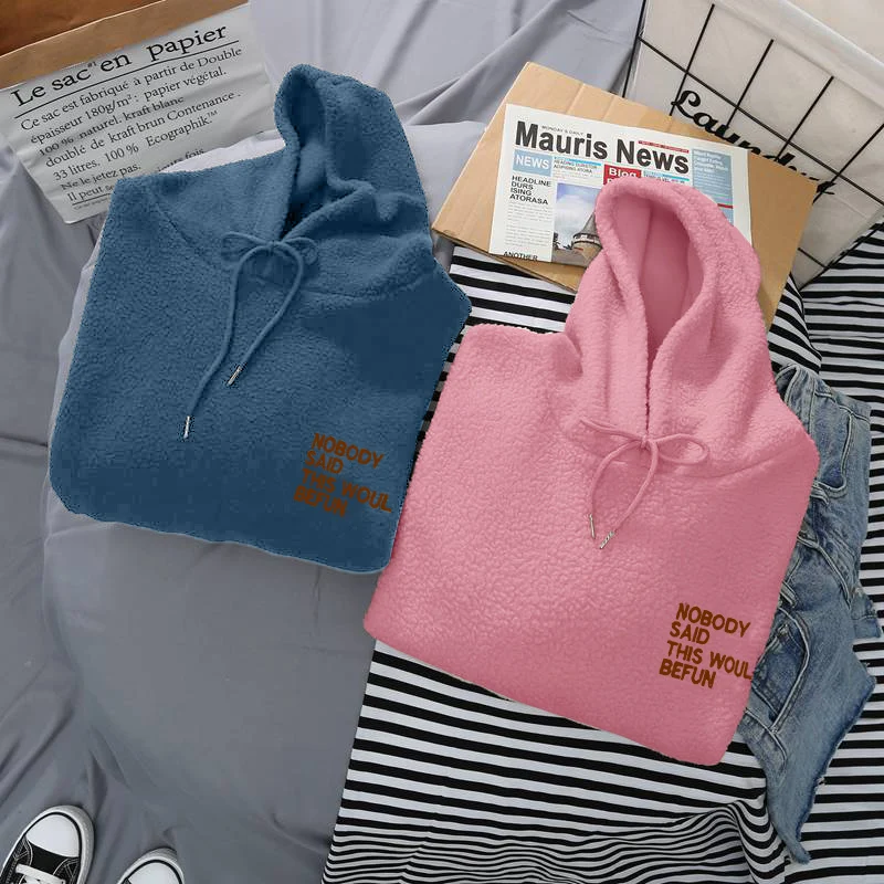 

Winter Fleece Hoodies Women Fashion Oversized Drawstring Sweatshirts Casual Solid Thick Keep Warm Soft Female Tops