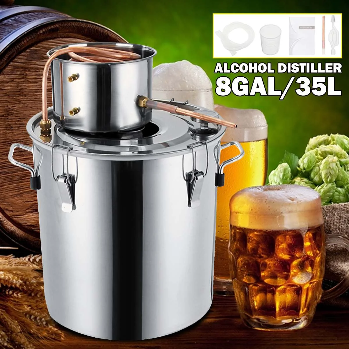 Эффективный 8GAL / 35L дистиллятор Moonshine спиртовой из нержавеющей меди DIY Домашний