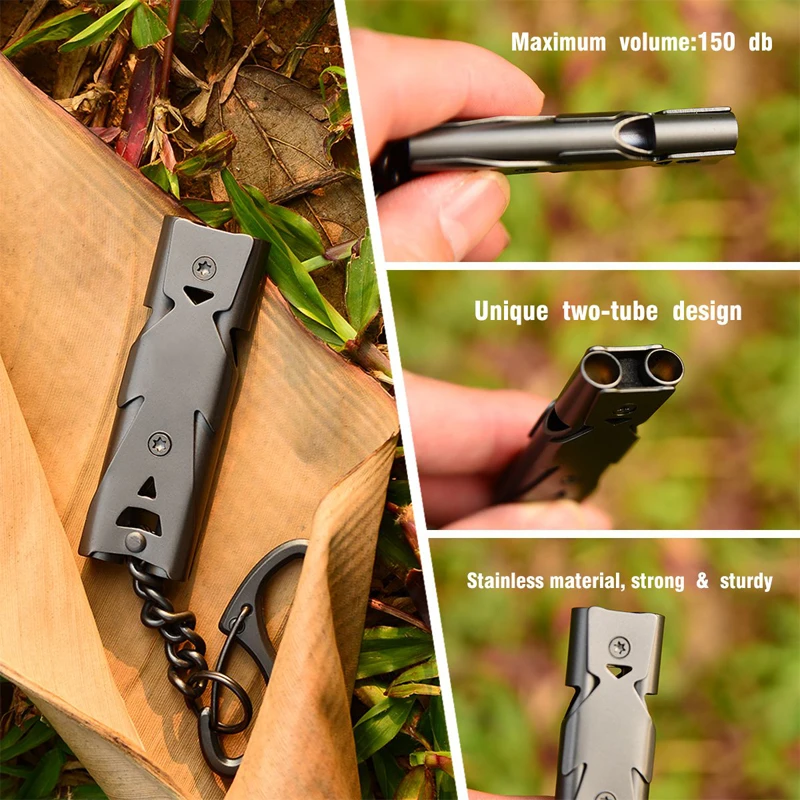 

Outdoor Stainless Alloy Steel Survival Whistles Double Pipe High Decibel Emergency Keychain Cheerleading Emergency Multi Tools