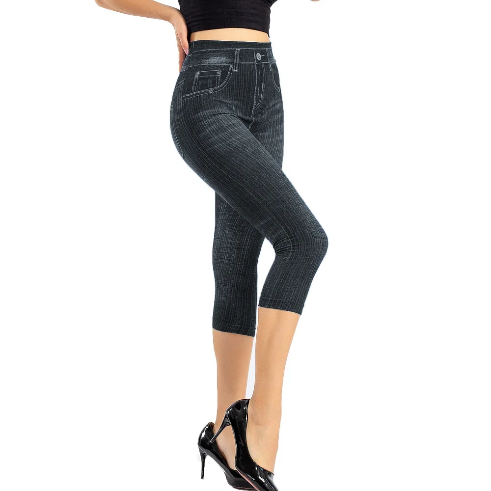 

2021 Women Imitation Denim Leggings Butt Lifting Fashion Slim Fit Elastic Trousers Cropped Jeggings Yoga Fittness Pants