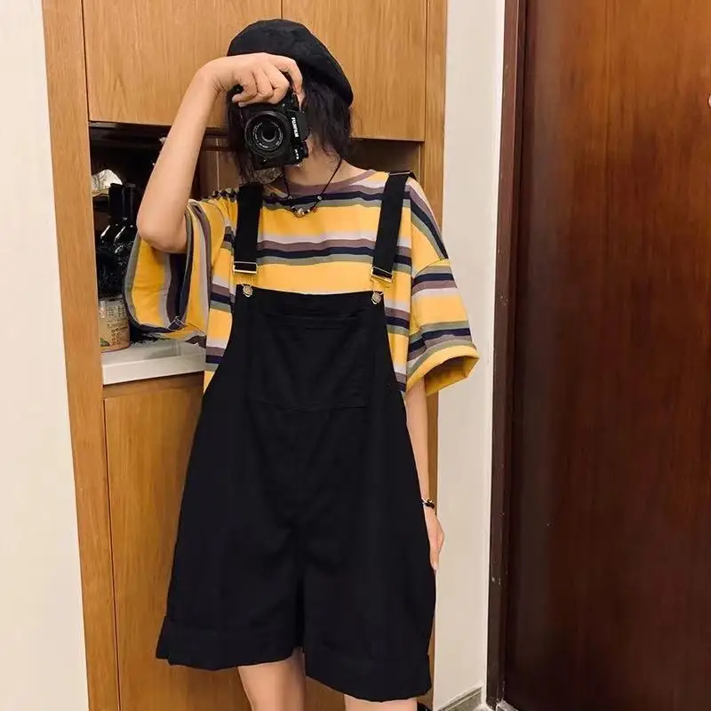 

Women's Denim Jumpsuit Big Pocket Flanging Solid Korean Preppy Style Summer Loose Wide Leg Straps Pants Woman Denim Overalls
