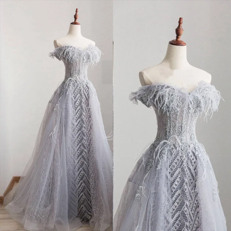 

Sweetheart Feathers Plus Size Prom Dresses Women French Beaded Floor To Length Appliques Formal Dresses Woman Party Night