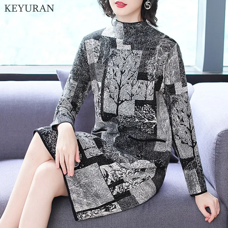 Новинка весна-осень водолазка принт вязаные свитера платье для женщин зима