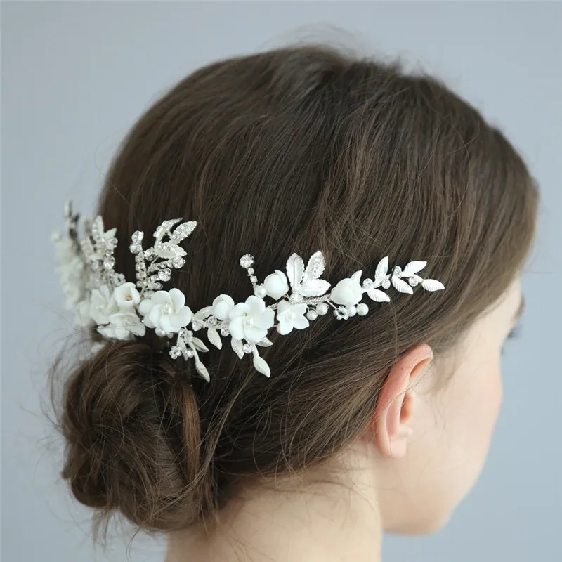 

White Porcelain Flower Bridal Hair Comb Crown Silver Color Rhineastone Women Headpiece Wedding Prom Hair Accessories Tiara