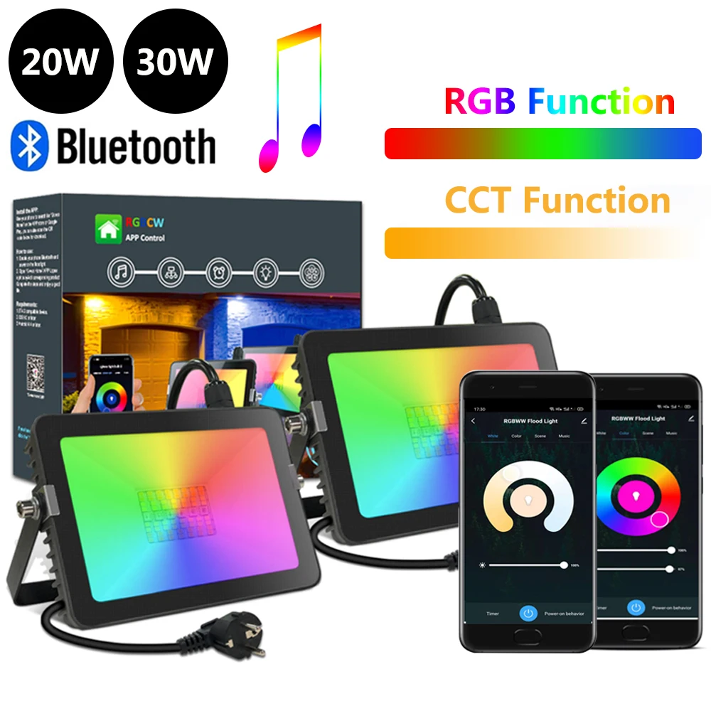 

RGBCW LED Flood Light 20W 30W IP66 Bluetooth App Group Control RGB Color CCT Changing Outdoor Lighting Waterproof For Garden