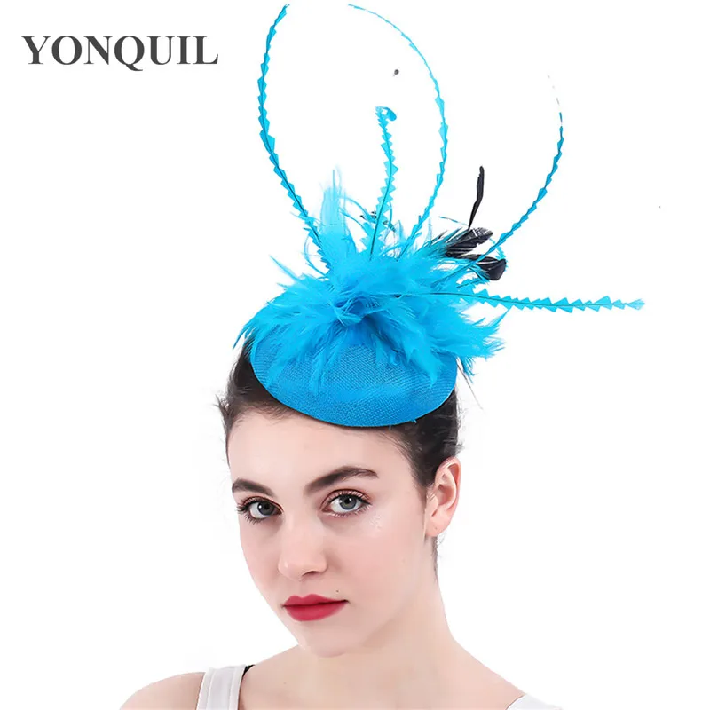 Sea Blue Fascinator Chapeau Hats Hair Clip Girl Feather Millinery Cap For Dinner Party Married Hair Accessories Syf308