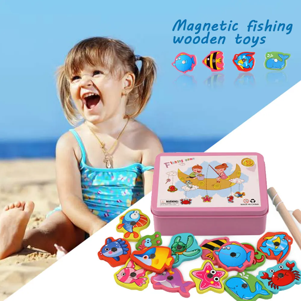 

Wooden Fishing Toy Magnetic Fishing Game Set Marine Biological Congnition Baby Parent-child Interaction Learning Educational Toy