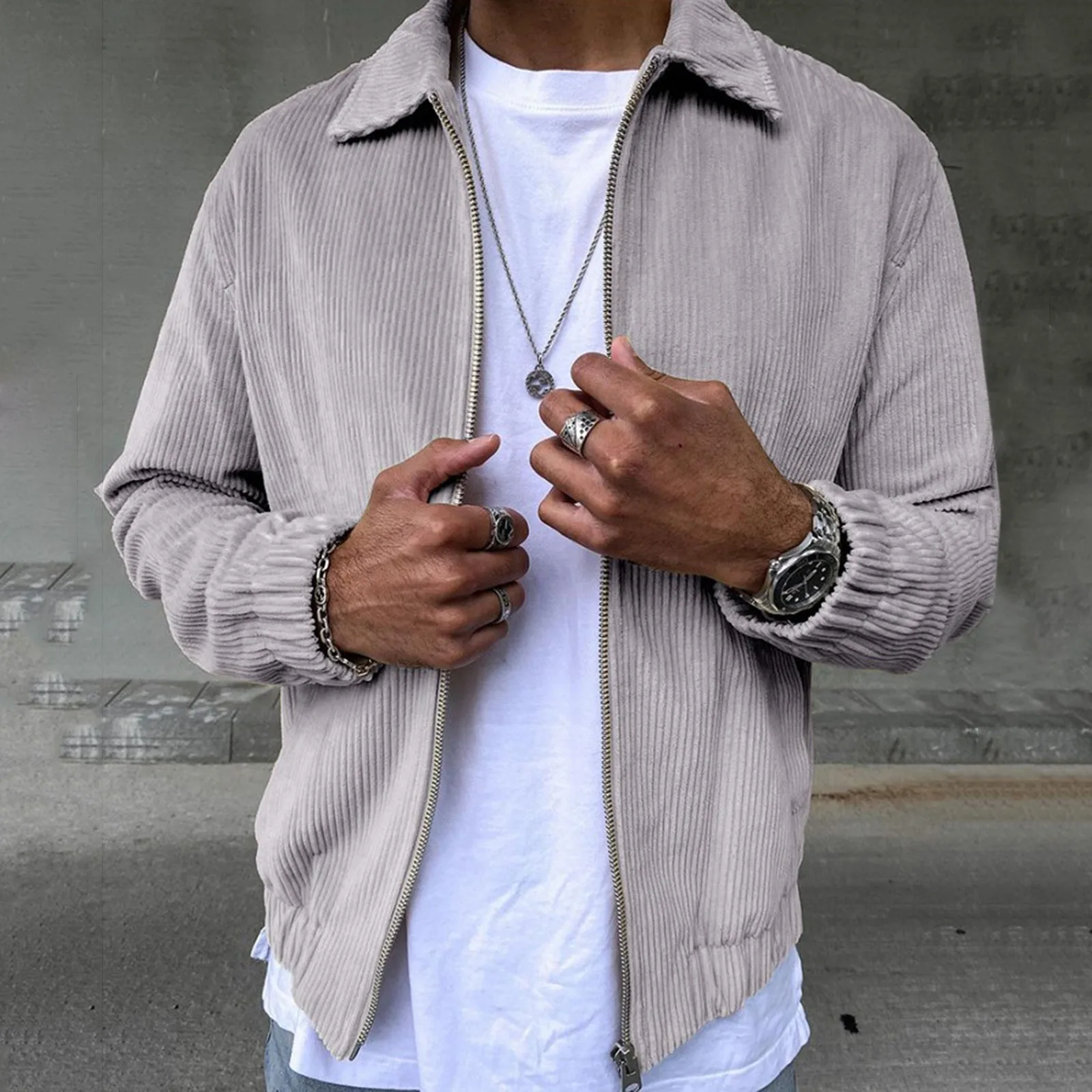 

Trendy Retro Corduroy Jacket Coat Male Tops Casual Loose Oversized Jacket Men Harajuku Thickened Polo Collar Zip Jacket Outwear