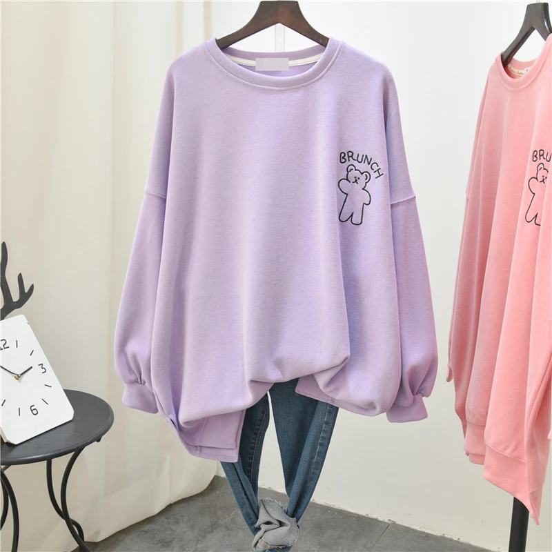 

2021 Spring Fall Round Neck Pullover Sweatshirt Cartoon Rainbow Bear Female Top Mid-Length Plump Girls Cream Color Simple Hoodie