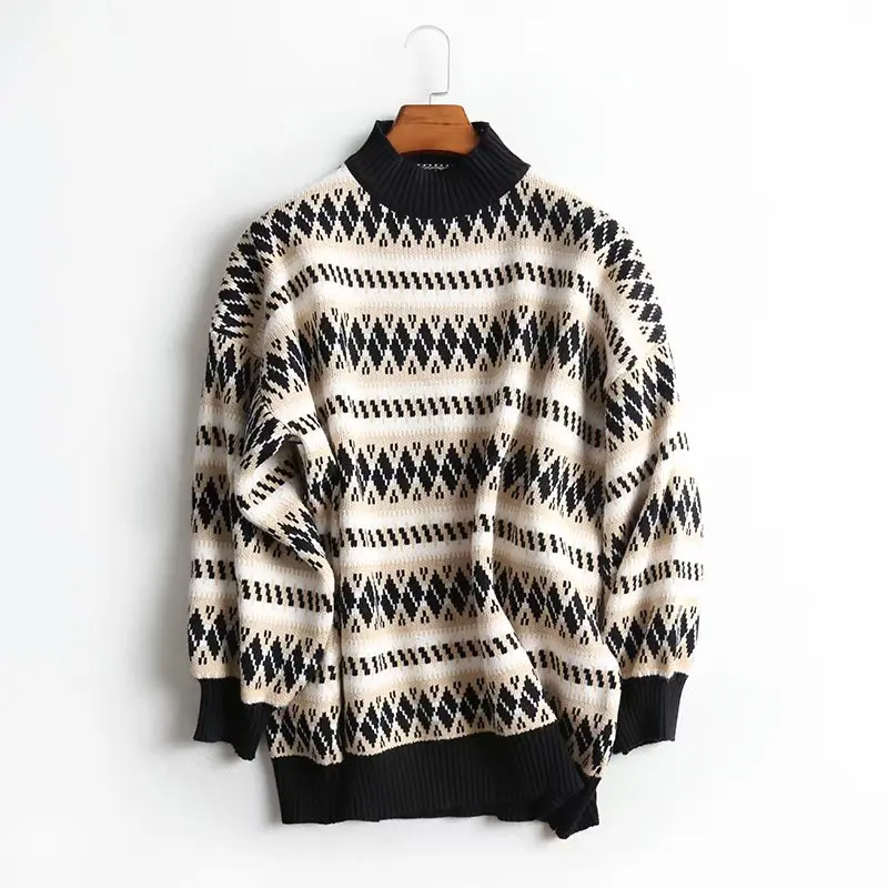 TMODA Za 2021 Women Diamond Lattice Knitted Sweater Fashion O Neck Sweatershirt Black Blue Coffee Pullover and Knitwear | Женская одежда