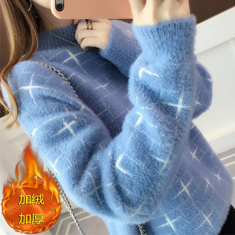 

2021 New Autumn Winter Knit Sweater Pullover Women Imitation Mink Cashmere Loose Plus Size Korean Blue Clothes Female Tops
