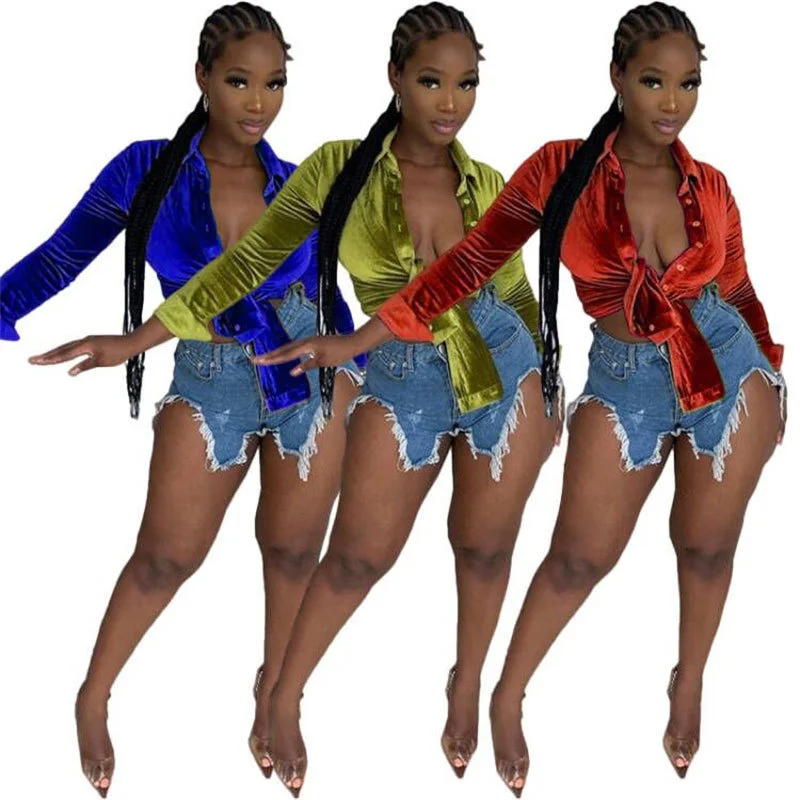 

Женские бархатные рубашки Cutubly, Повседневная модная блузка с отложным воротником, рубашка с длинным рукавом, на шнуровке, с глубоким V-образн...