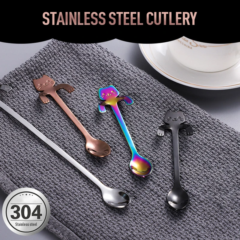 

4Pcs Hot Sale Coffee Spoon Mini 304 Stainless Steel Cartoon Cat Spoon Long Handle Flatware Coffee Drinking Tools Kitchen Gadge