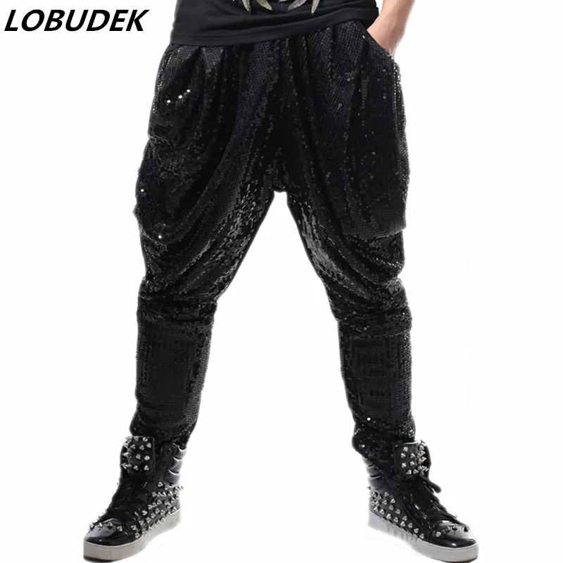 Серебристые черные свободные повседневные штаны с блестками шаровары в стиле