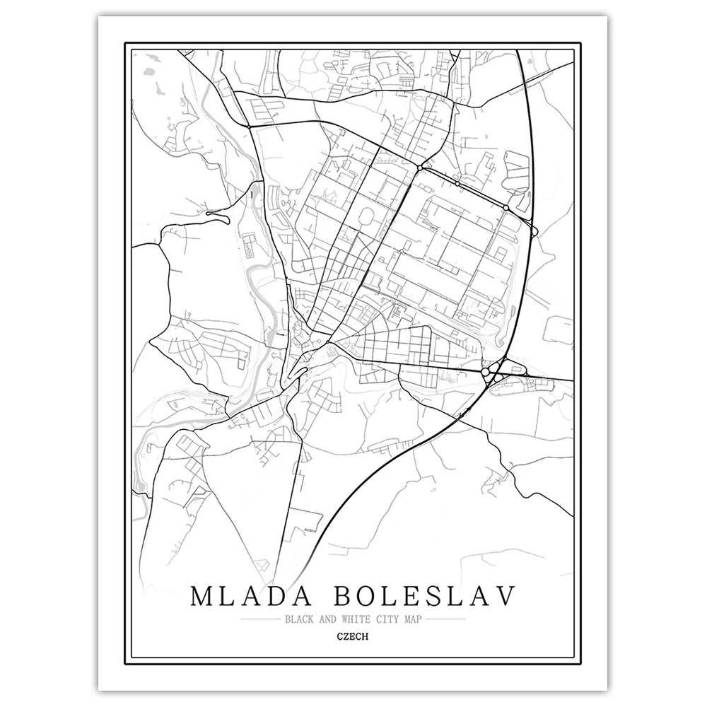 Mlada Boleslav Чешский черный белый мир Карта города плакат скандинавский гостиной Праги vsetin Pisek настенные художественные картины Домашний декор холст живопись - Цвет: Mlada Boleslav