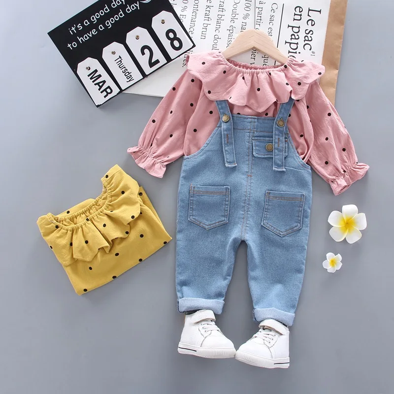 

Baywell Spring Autumn Toddler Baby Girls Clothes Long Sleeve Dot Print Tops +Denim Overalls Kids Girl Casual Outfits Sets 0-4Y