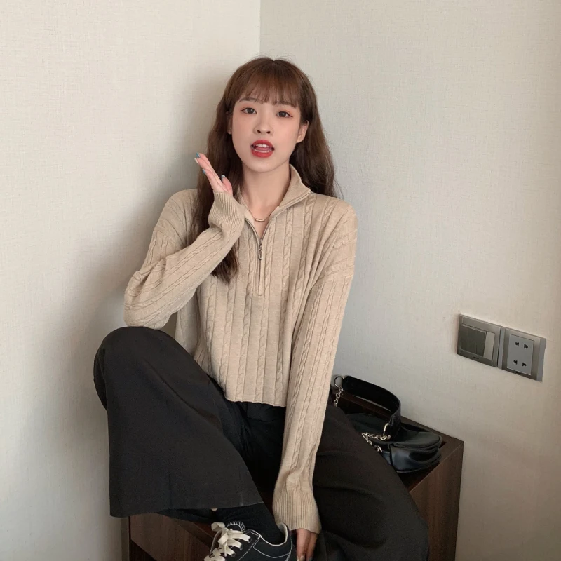 Женский Однотонный свитер Harajpoo с длинным рукавом на молнии завязками корейская