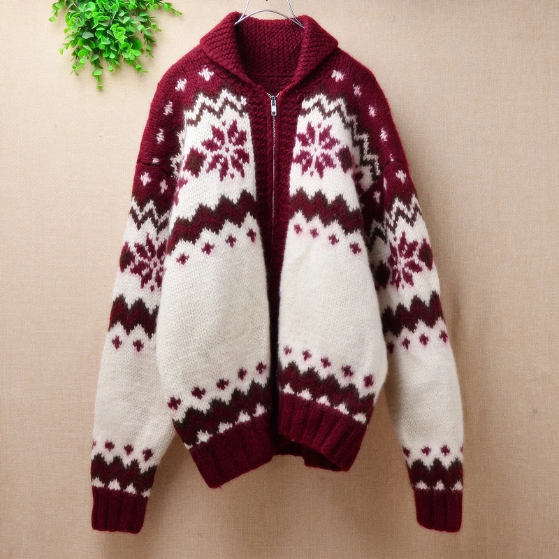 

ladies women Korean vintage 100% wool knitted crochet floral hook turn-down neck loose long sleeves cardigans zipper winter coat