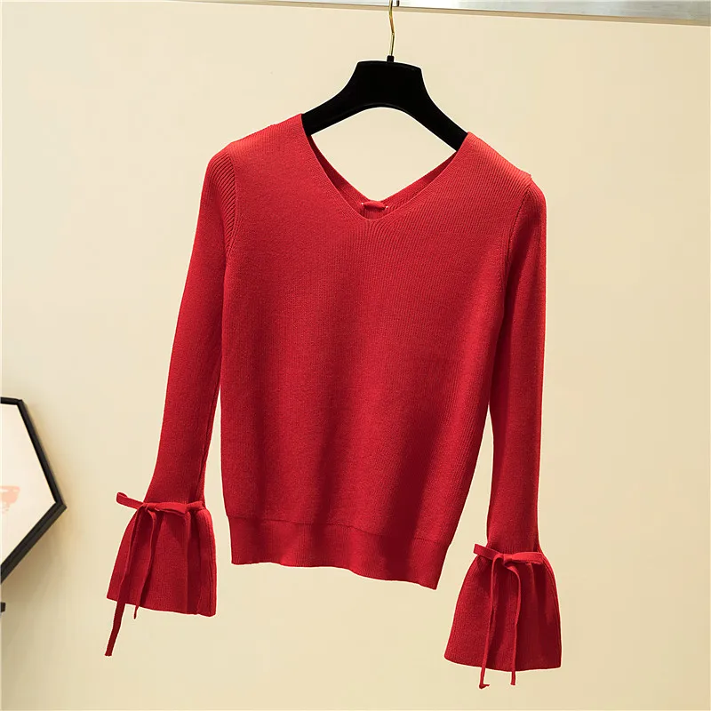 

New V Collar Pullovers Woman Sweaters Fashion Solid Color Lantern Sleeve Womens Sweaters Autumn Winter Slim Knitted Lady Sweater