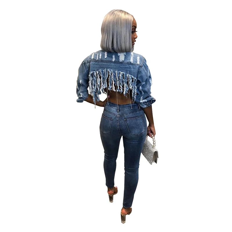Женская рваная джинсовая куртка винтажная куртка-бомбер с отложным воротником и