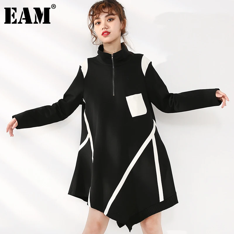 

[EAM] Loose Fit Irregular Long Sweatshirt New Stand Collar Long Sleeve Women Big Size Fashion Tide Spring Autumn 2022 JC68101