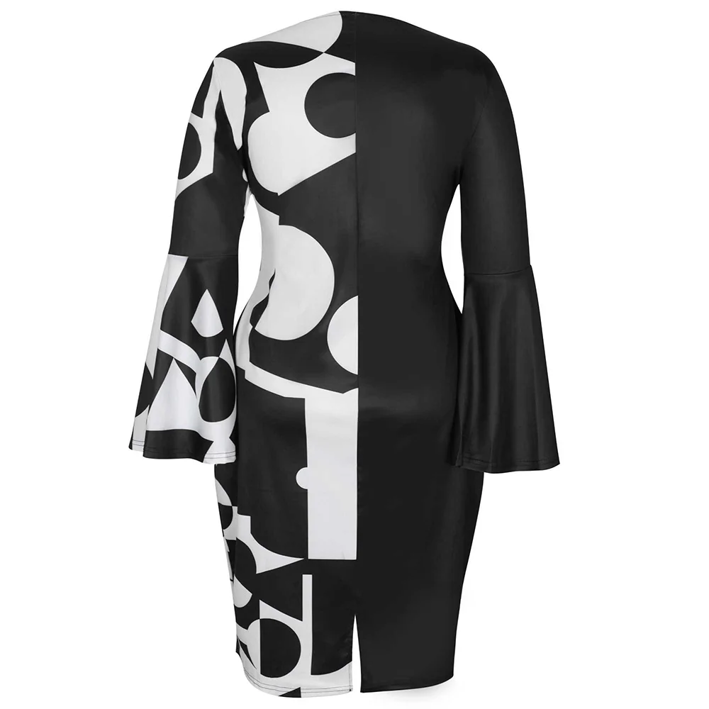 Elegant Dress Plus Size 2022 Geometric Print New Year Evening Party Dress Autumn Winter Flare Sleeve Christmas Club Outfits 5XL