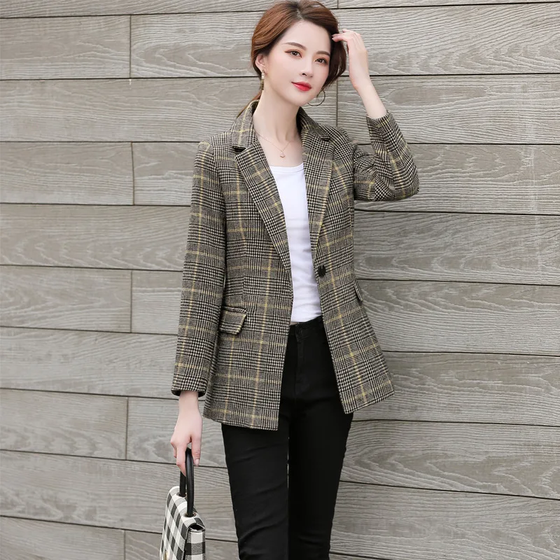 Осенняя и зимняя женская куртка Повседневный тонкий клетчатый блейзер с длинным