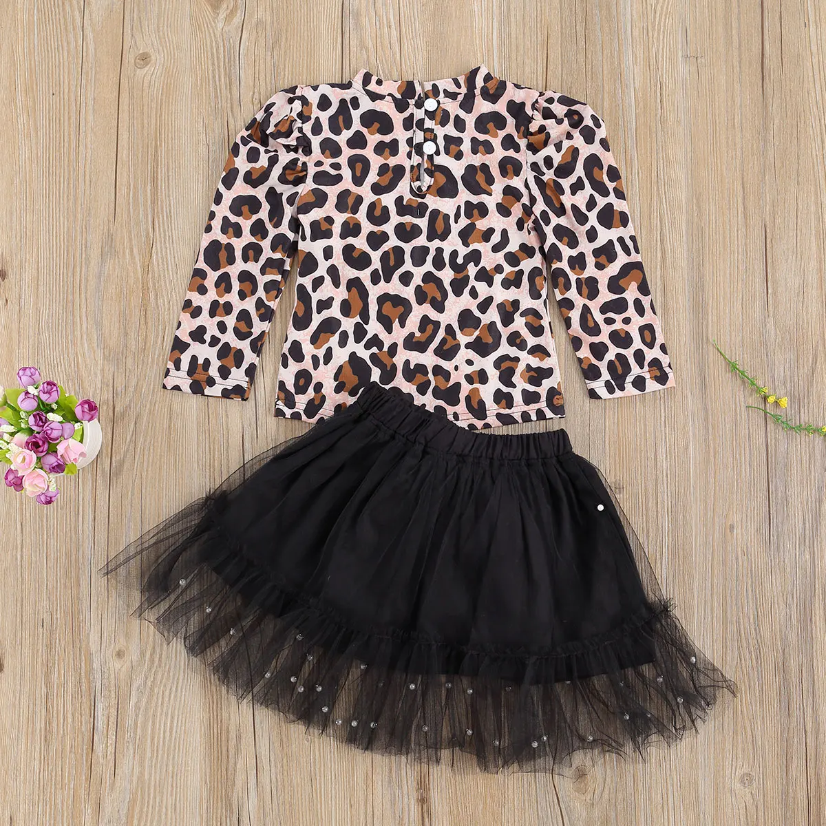 

2021 Autumn Fashion Kids Girls Leopard Clothes Sets 2pcs Long Sleeve Pullover T Shirts Tops Pearl Lace Bow Tutu Skirts Outfit