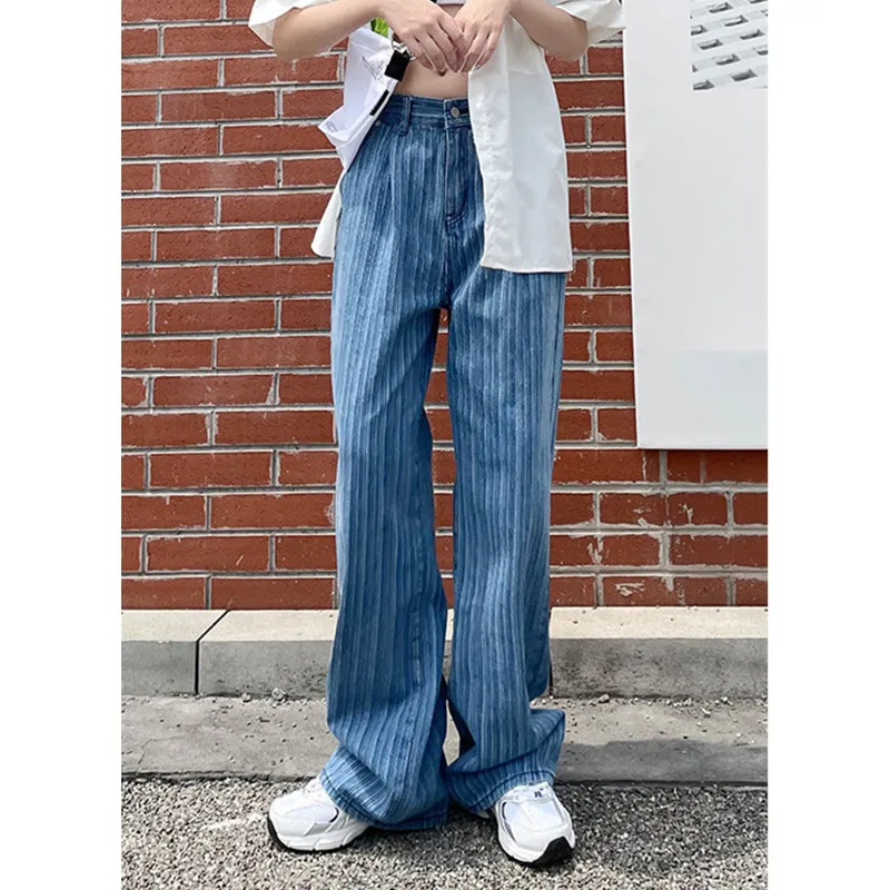 

Real Shot 2021 Summer New Striped Women's Wide-Leg Jeans Loose High-Waisted Thin Drape Casual Jeans