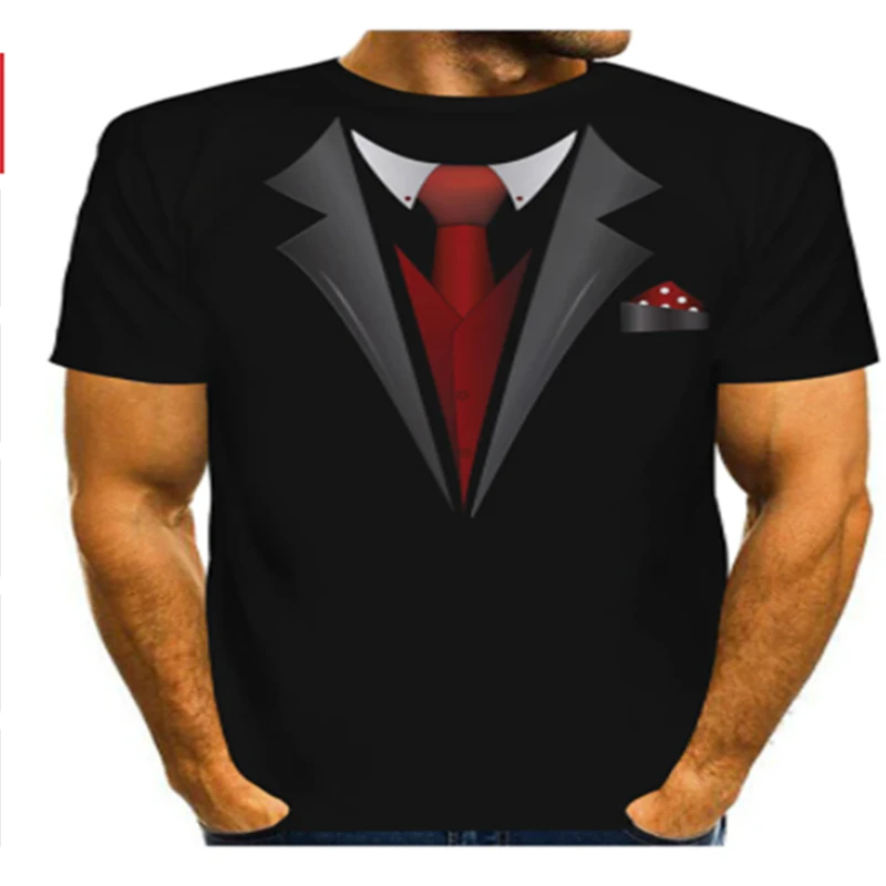 

3D printed T-shirt casual short-sleeved bow tie 3D T-shirt summer mens T-shirt tuxedo retro tie suit streetwear funny fake suit