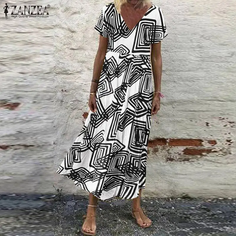 Женский летний сарафан ZANZEA винтажное длинное платье с V-образным вырезом