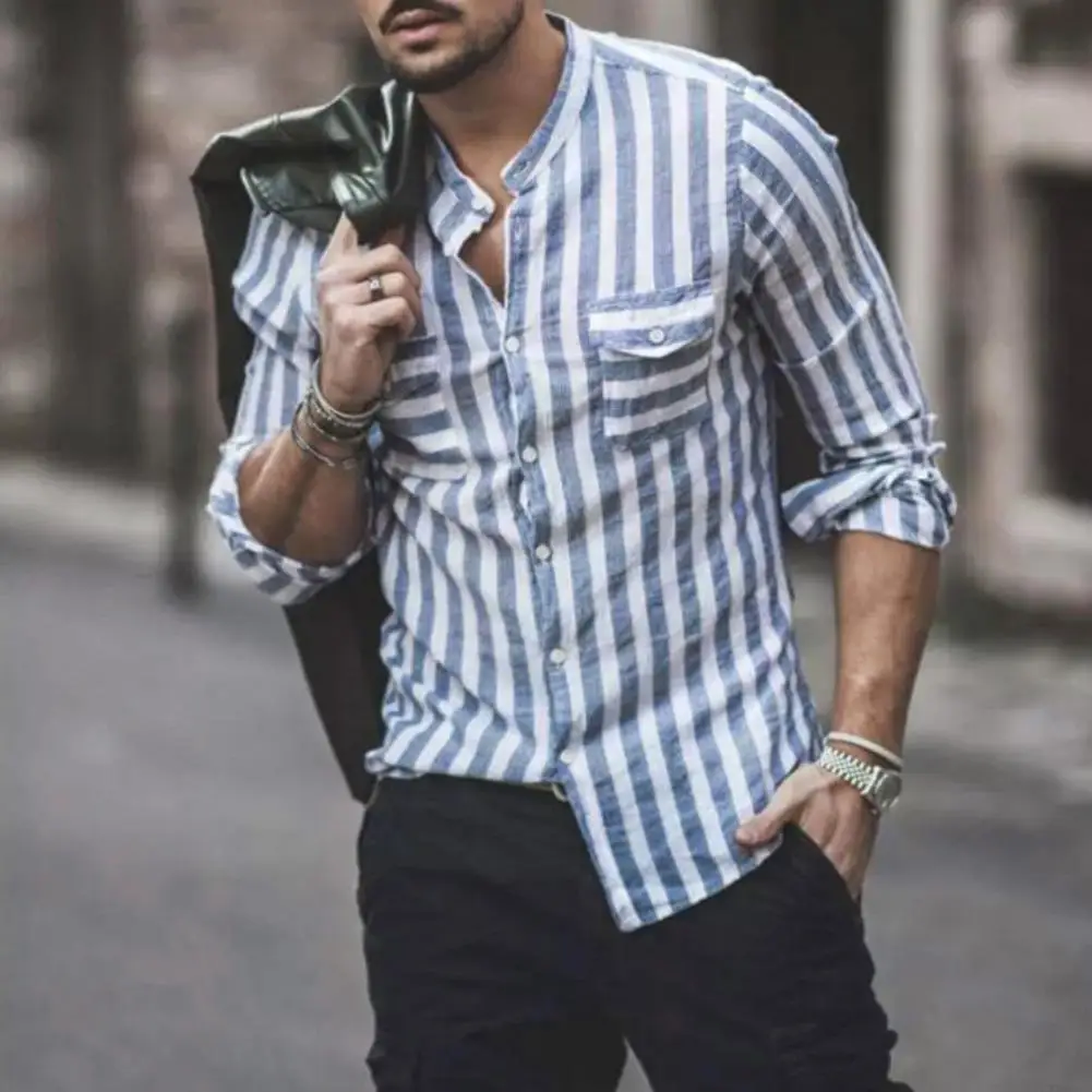 Мужская рубашка Повседневная из хлопка в полоску с двойным вырезом и стоячим