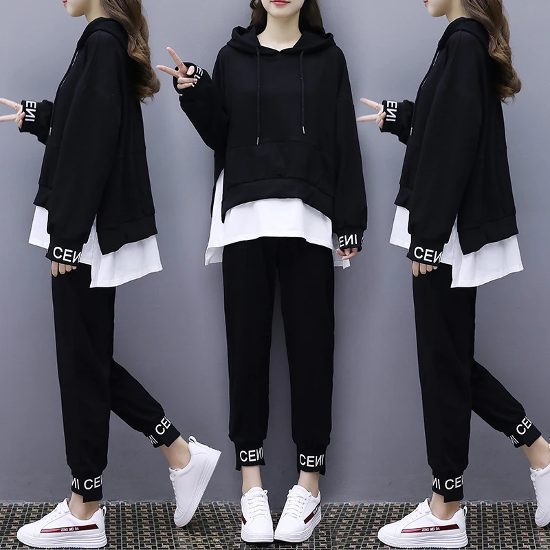 

298# 2021 Autumn Korean Fashion Maternity Hoodies Sets Black Loose Sweatshirt + Pants Suits Clothes for Pregnant Women Pregnancy