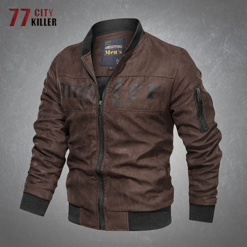 

Suede Cargo Jacket Men Casual Stand Collar Print Solid Color Coats Male Windproof Wear-resistant Multiple Pockets Mens Jackets