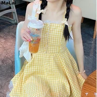 sexy party kawaii mini dress bow lace up backless pretty sundress summer women 2021 korean fashion sweet cute yellow plaid dress