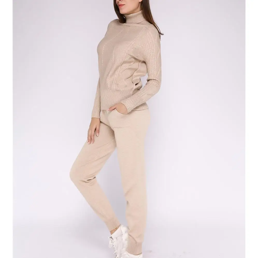 Winter Woolen Cashmere Knitted Warm Suit Turtleneck Sweater Pants Two-Piece Set Criss-Cross Loose Tracksuit Knit | Женская одежда
