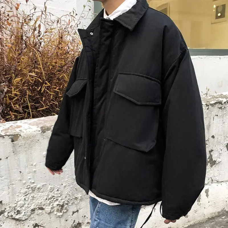

2022 Winter Techwear Padded Jacket Men Korean Cool Unisex Oversize Pocket Lapels Zipper Bread Thicken Coat Influencer Streetwear