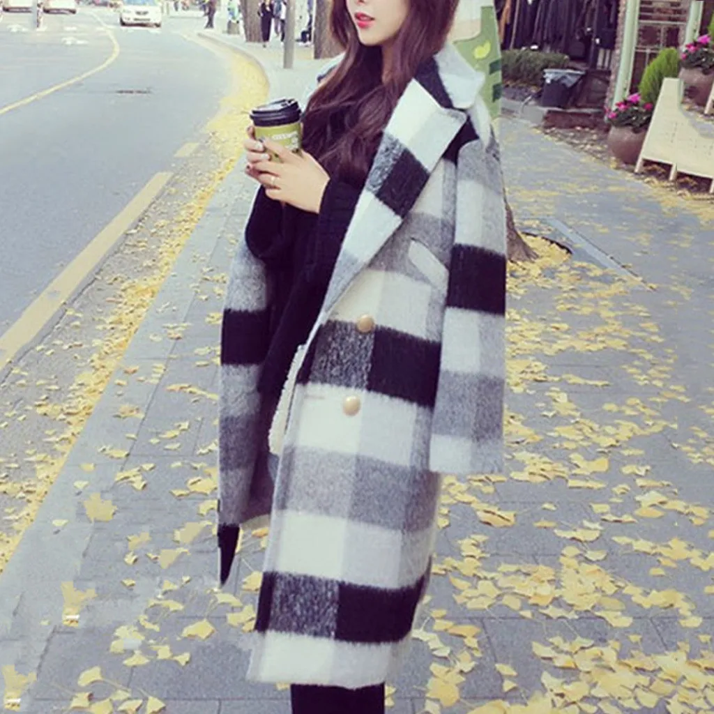 Женское клетчатое пальто SAGACE повседневное приталенное на пуговицах с длинным