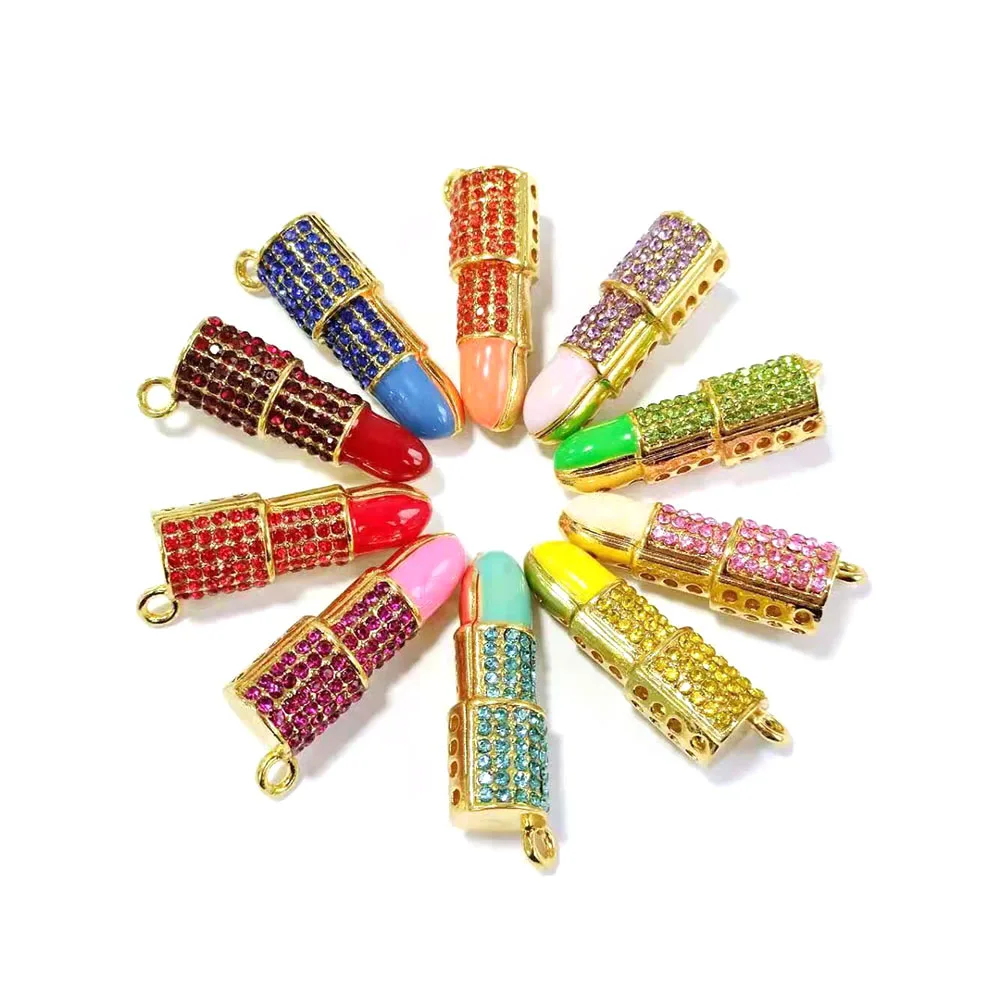 

10pcs Mixed Color Rhinestone Lipstick Charms 4 Color Plated For Women DIY Jewelry Accessories L21