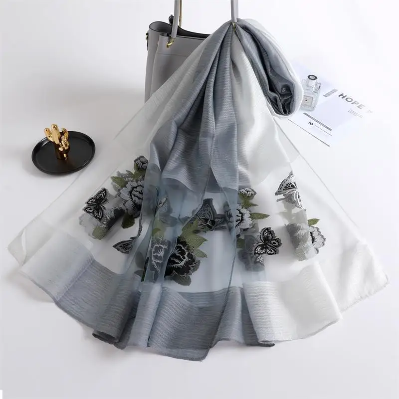 Женский шёлковый шарф с вышивкой на весну/лето| |