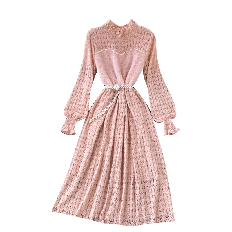 

French Sweet Hollow Women Dress Stand Collar Puff Sleeve Elegant Solid Dress Autumn Korean A-line Streetwear Dresses
