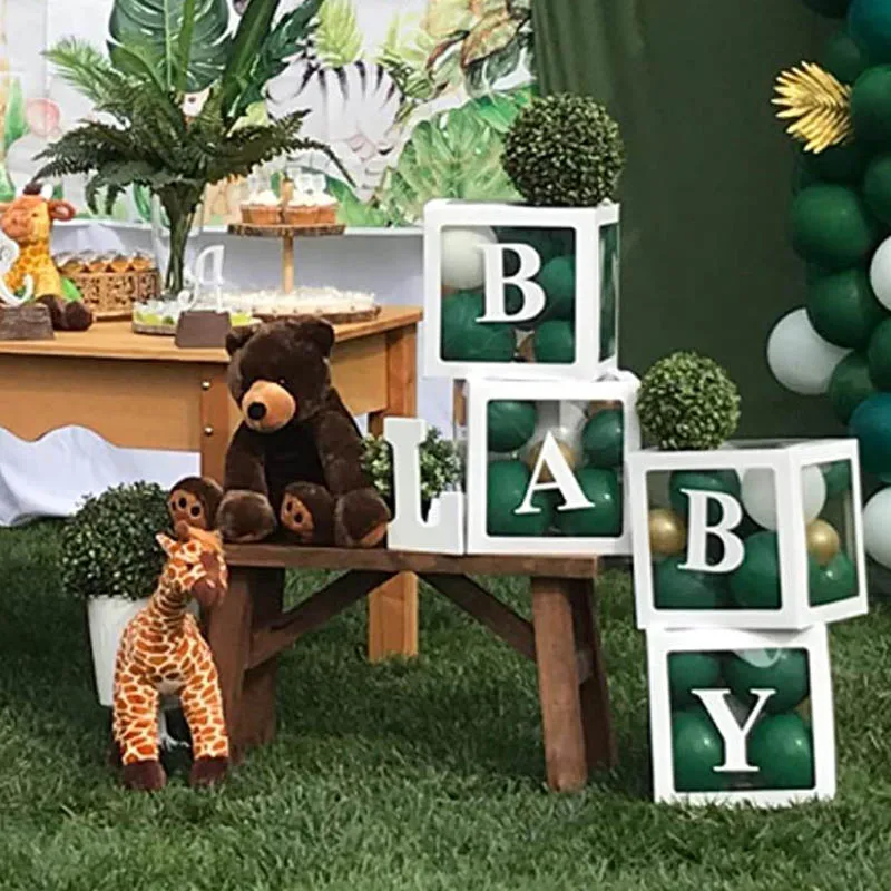 

Baby Shower Decorations 4pcs LOVE / BABY Clear Boxes for Kids Christening Birthday Party Decor Balloon Box Baby Shower Gift
