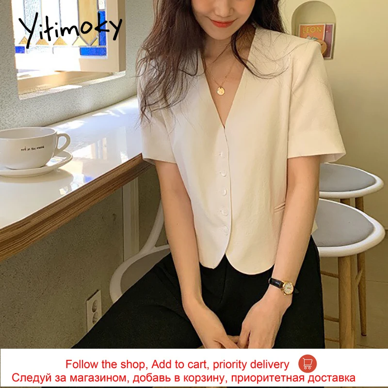 

Yitimoky Simple Women Shirts V-Neck 2021 Summer Fashion Loose Single Breasted Short Sleeve Office Out Wear Solid Casual Tops