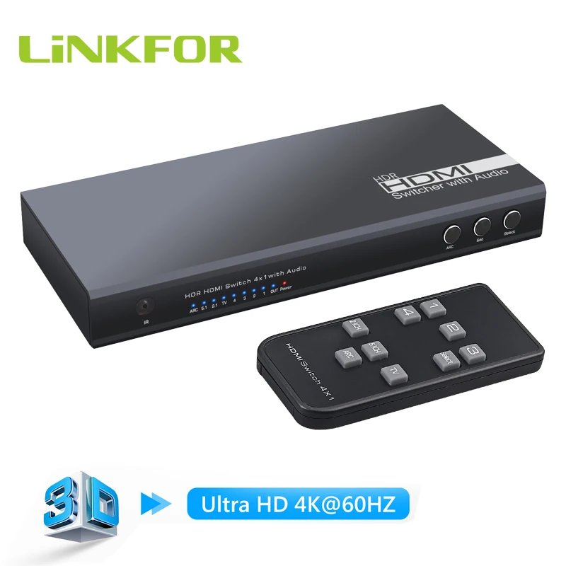 

LiNKFOR HDMI 2,0 аудио экстрактор 4X1 HDMI сплиттер переключатель 4K HDMI адаптер 4K @ 60 Гц Ultra HD оптический TOSLINK SPDIF 3,5 мм аудио