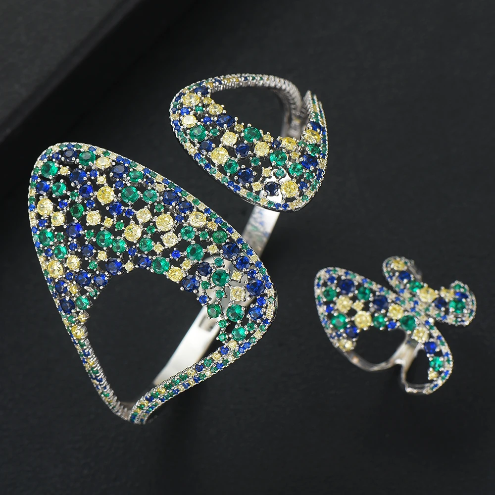 

LARRAURI Fashion Dubai Silver Bridal Jewelry Set Luxury African Cuff Bangle Ring Set For Women Wedding Accessory