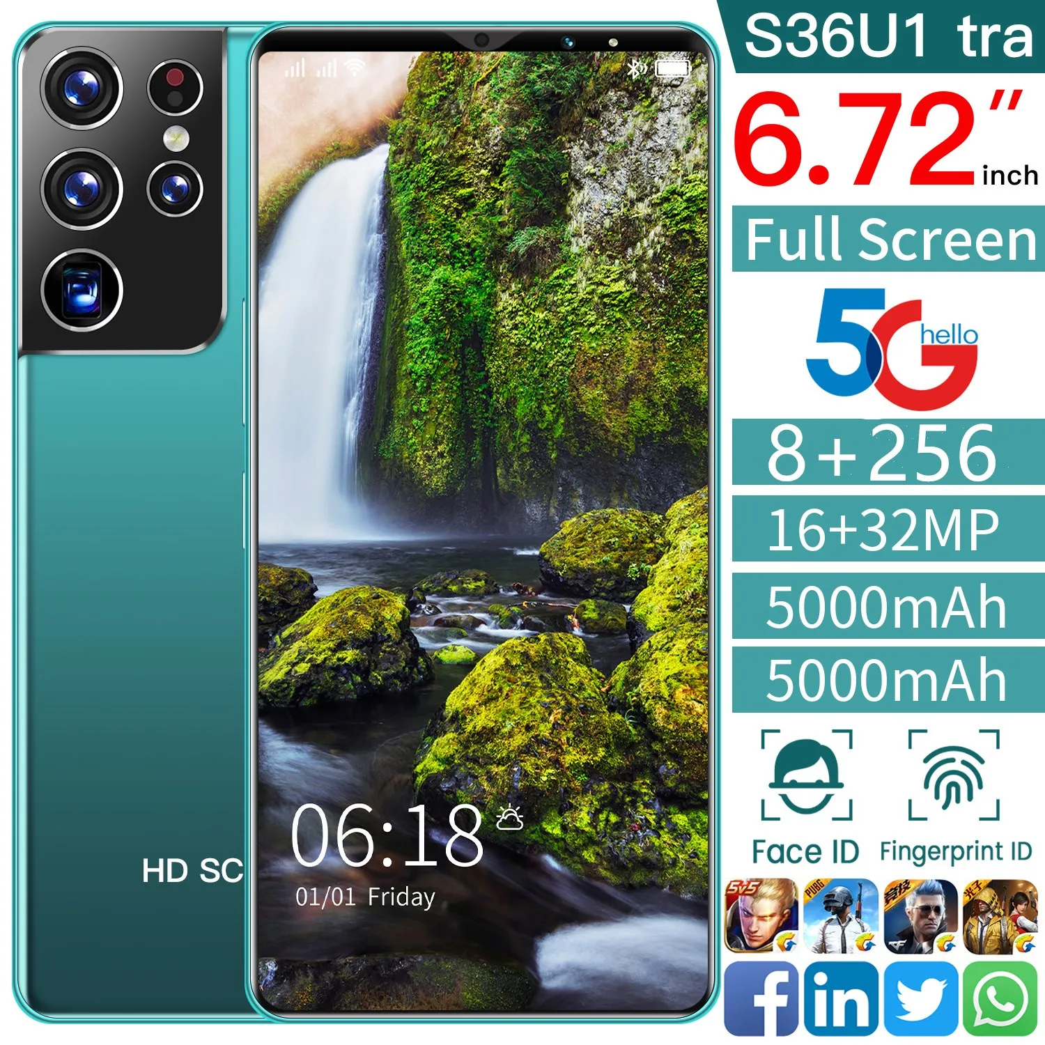 

2021 New Arrival Global Smartphone S36u1 tra 6.72 Full Screen Mobile Phone 8+256G 16MP+32MP 5000MAH Face Fingerprint ID 5G