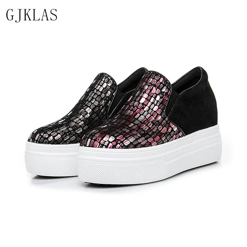 

Black Loafers Women Platform Shoes Heels 8cm Real Leather Thick Bottom Sneakers New Fashion Casual Shoe Woman Vulcanize Shoes